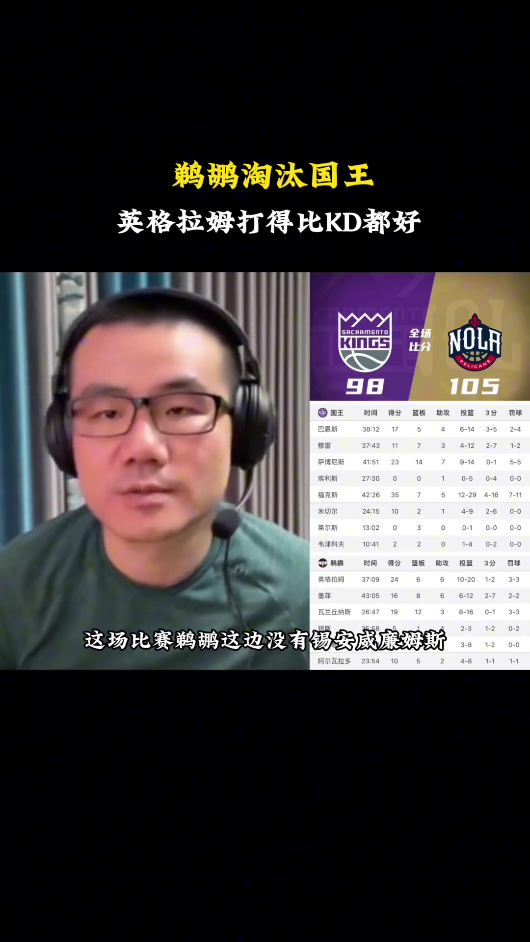  徐靜雨：殘陣鵜鶘擊潰國(guó)王，英格拉姆打得比杜蘭特都好！