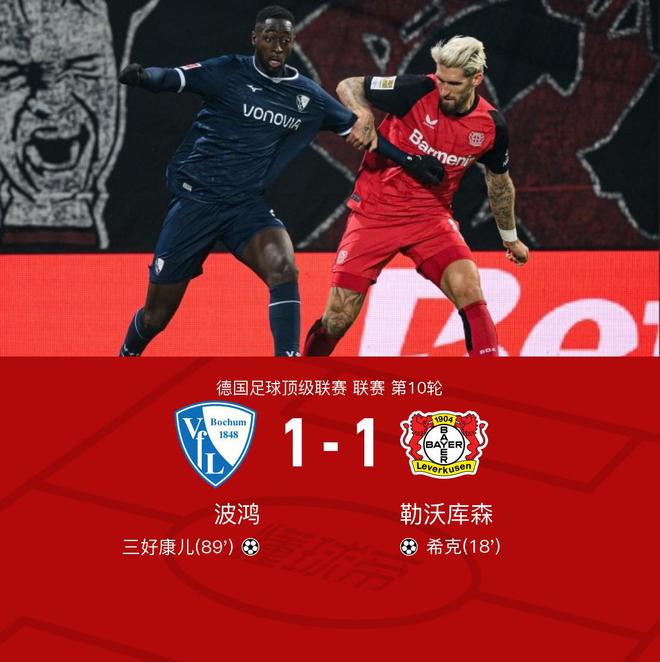  波鴻勒沃庫森1-1，希克進(jìn)球，康兒平球