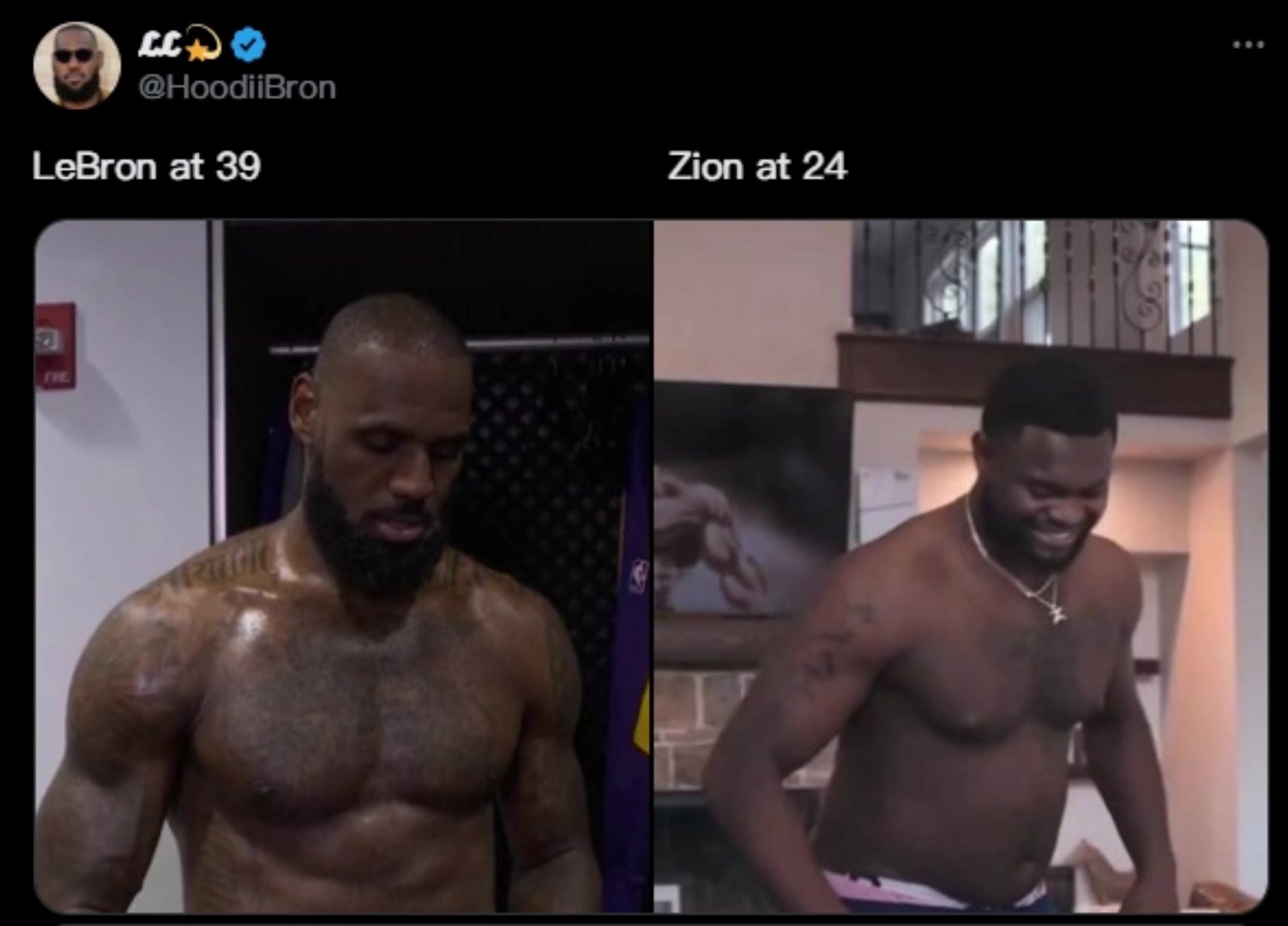  你倆誰才是老頭??？身材對(duì)比：39歲詹姆斯 VS 24歲錫安