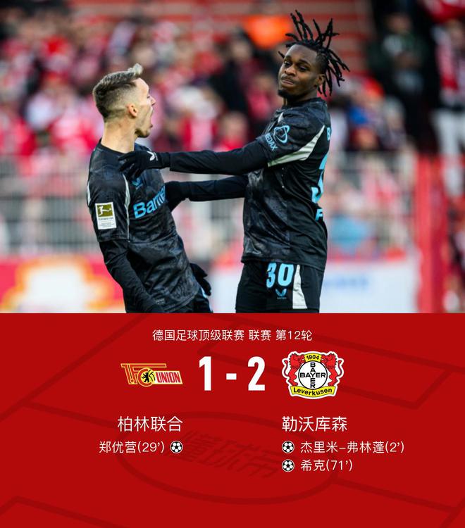  勒沃庫森客勝柏林聯(lián)合，弗林蓬、?？诉M球，鄭優(yōu)營破門。
