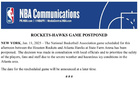  NBA官宣：因惡劣天氣，火箭老鷹比賽改日重賽